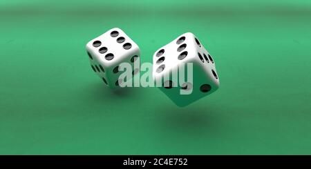 Würfel zwei Fliegen über grünen Hintergrund, rollende Würfel, Glücksspiel, Glück Konzept. 3d-Illustration Stockfoto