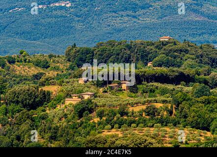 Villen in der Landschaft von Siena. Toskana, Italien. Stockfoto