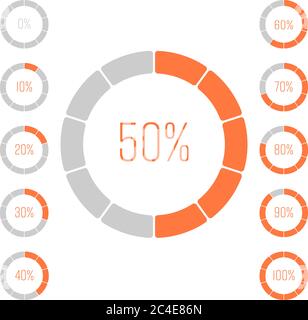 Satz von Ringdiagrammen mit Prozentwert. Leistungsanalyse in Prozent. Moderne Vektor grau-orange Infografik Graph Elemente. Stock Vektor