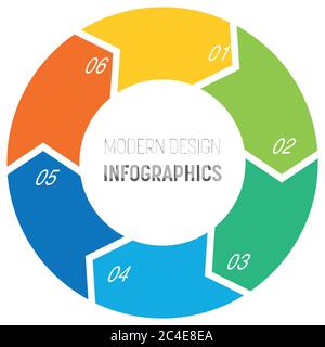 6step Prozess Moderne Infografik Diagramm. Grafik-Vorlage mit vier Pfeilen im Kreis. Geschäftskonzept mit sechs Schritten oder Optionen. Modernes Design-Vektor-Element in verschiedenen Farben mit Etiketten. Stock Vektor
