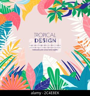 Sommer tropischen abstrakten Hintergrund. Vektor flach Cartoon Illustration. Handgezogener Doodle-Palmblatt-Rahmen. Dschungel Natur Banner, Poster, Begrüßung Auto Stock Vektor