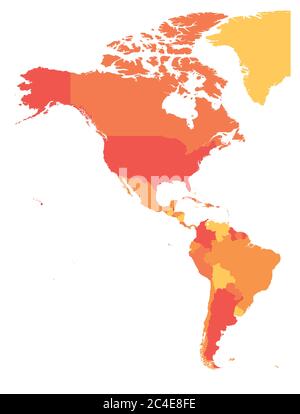 Politische Landkarte Amerikas in vier Orangetönen. Nord- und Südamerika. Einfache flache Vektordarstellung. Stock Vektor