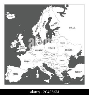 Karte von Europa mit Namen souveräner Länder, Ministerien eingeschlossen. Vereinfachte weiße Vektorkarte auf grauem Hintergrund. Stock Vektor