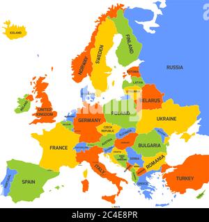 Karte von Europa mit Namen souveräner Länder, Ministerien und Kosovo enthalten. Vereinfachte Vektorkarte in vier Farben Thema auf weißem Hintergrund. Stock Vektor