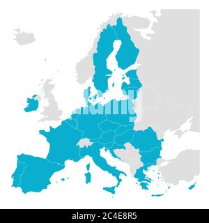 Politische Karte von Europa mit blau hervorgehoben 27 Europäische Union, EU, Mitgliedsstaaten nach dem brexit im Jahr 2020. Einfache flache Vektorgrafik. Stock Vektor