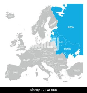 Ehemalige Union der Sozialistischen Sowjetrepubliken, UdSSR, Russland, Ukraine, Weißrussland, Estland, Lettland, Litauen und Moldawien blau in der politischen Karte von Europa hervorgehoben. Vektorgrafik. Stock Vektor