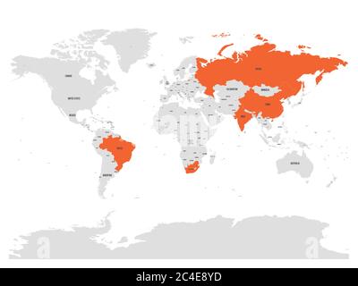 Weltkarte mit hervorgehobenen Mitgliedsländern der BRICS - Vereinigung von fünf großen Schwellenländer Volkswirtschaften - Brasilien, Russland, Indien, China und Südafrika. Stock Vektor