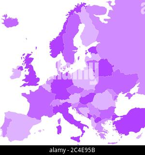 Politische Landkarte von Europa in vier Blautönen auf weißem Hintergrund. Vektorgrafik. Stock Vektor