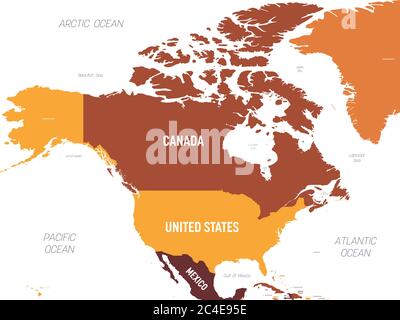 Nordamerika Karte - braun orange Farbton auf dunklem Hintergrund. Hoch detaillierte politische Karte nordamerikanischer Kontinent mit Land-, Meer- und Meeresnamen Kennzeichnung. Stock Vektor
