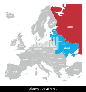 Ehemalige Union der Sozialistischen Sowjetrepubliken, UdSSR, Russland, Ukraine, Weißrussland, Estland, Lettland, Litauen und Moldawien in der politischen Landkarte Europas. Vektorgrafik. Stock Vektor