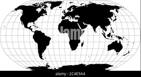 Weltkarte in Robinson Projektion mit Meridianen und Parallelen Gitter. Schwarzes Land mit schwarzer Umrandung. Vektorgrafik. Stock Vektor