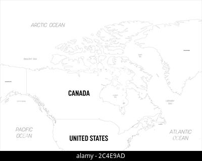 Kanada-Karte. Hoch detaillierte politische Karte Kanada und Nachbarländer mit Land, Hauptstadt, Meer und Meer Namen Kennzeichnung. Stock Vektor