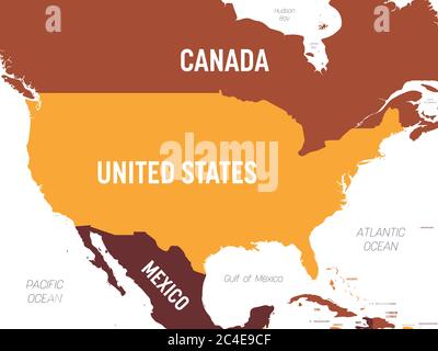 USA Karte - braun orange Farbton auf dunklem Hintergrund. Hoch detaillierte politische Karte der Vereinigten Staaten von Amerika und der Nachbarländer mit Land-, Meer- und Meeresnamen Kennzeichnung. Stock Vektor