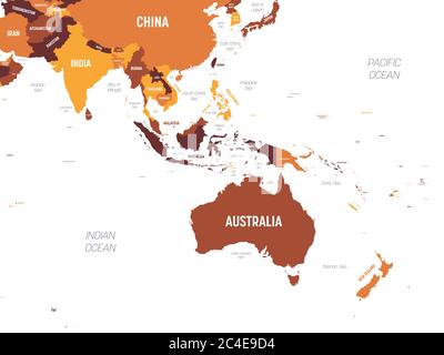 Australien und Südostasien Karte - braun orange Farbton auf dunklem Hintergrund. Hoch detaillierte politische Karte der australischen und südöstlichen Asien Region mit Land, Ozean und Meer Namen Kennzeichnung. Stock Vektor