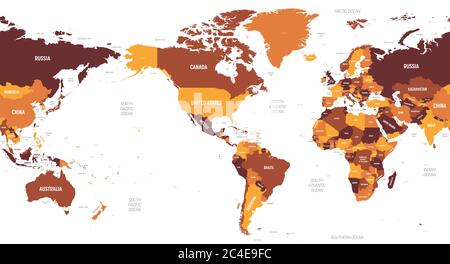 Weltkarte - Amerika im Zentrum. Braun orange Farbton auf dunklem Hintergrund gefärbt. Hoch detaillierte politische Karte der Welt mit Land-, Meer- und Meeresnamen Kennzeichnung. Stock Vektor