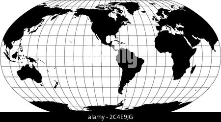 Weltkarte in Robinson Projektion mit Meridianen und Parallelen Gitter. Nord- und Südamerika. Schwarzes Land mit schwarzer Umrandung. Vektorgrafik. Stock Vektor