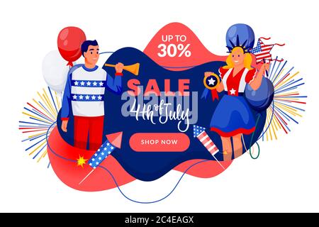 4. Juli Poster, Rabatt Verkauf Banner Design Vorlage. USA Independence Day feiert. Vektorgrafik. Glückliche Menschen in amerikanischen Flaggen Farben Stock Vektor