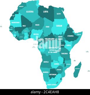 Politische Landkarte von Afrika in vier Türkistönen mit weißen Ländernamen auf weißem Hintergrund. Vektorgrafik. Stock Vektor