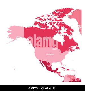 Politische Karte von Nord- und Mittelamerika. Einfache flache Vektorkarte mit Ländernamen-Etiketten in vier kastanienbraunen Farbtönen. Stock Vektor