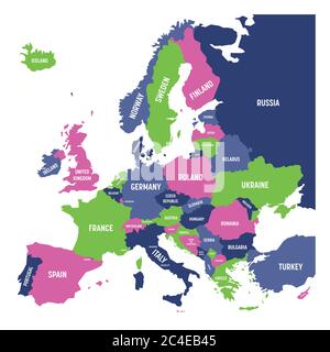 Politische Karte des europäischen Kontinents in vier Farben mit weißen Ländernamen-Etiketten und isoliert auf weißem Hintergrund. Vektorgrafik. Stock Vektor