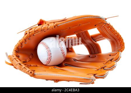 Amerikas Zeitvertreib, Sportausrüstung und amerikanisches Sportkonzept mit einem neuen generischen Baseballhandschuh und einem Ball isoliert auf weißem Hintergrund wi Stockfoto