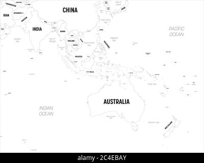 Karte Australien und Südostasien. Hoch detaillierte politische Karte der australischen und südöstlichen Asien Region mit Land, Hauptstadt, Meer und Meer Namen Kennzeichnung. Stock Vektor