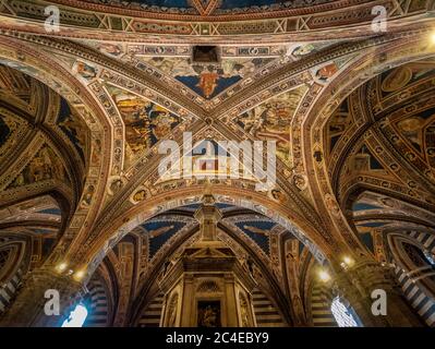 Baptisterium Deckenfresken und Taufbecken. Kathedrale Von Siena. Italien. Stockfoto