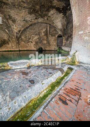 Fontebranda, Siena, Brunnen aus dem 13. Jahrhundert und gotische Bögen, die von Aquädukten gespeist werden, Siena. Italien. Stockfoto