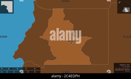 Centro Sur, Provinz Äquatorialguinea. Gemusterte Feststoffe mit Seen und Flüssen. Form präsentiert gegen seine Landesfläche mit informativen Überlagerungen. Stockfoto