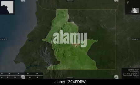 Centro Sur, Provinz Äquatorialguinea. Satellitenbilder. Form präsentiert gegen seine Landesfläche mit informativen Überlagerungen. 3D-Rendering Stockfoto