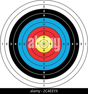 Outdoor-Bogenschießen Ziel in traditionellen Farben - gelb, rot, blau, schwarz und weiß. Vektorgrafik. Stock Vektor