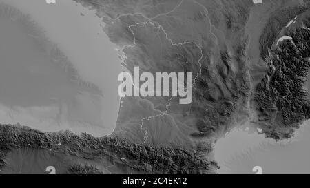 Nouvelle-Aquitaine, Region Frankreich. Graustufen-Karte mit Seen und Flüssen. Form, die gegenüber dem Landesgebiet umrissen ist. 3D-Rendering Stockfoto