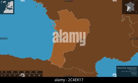 Nouvelle-Aquitaine, Region Frankreich. Gemusterte Feststoffe mit Seen und Flüssen. Form präsentiert gegen seine Landesfläche mit informativen Überlagerungen. 3D r Stockfoto