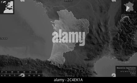 Nouvelle-Aquitaine, Region Frankreich. Graustufen-Karte mit Seen und Flüssen. Form präsentiert gegen seine Landesfläche mit informativen Überlagerungen. 3D ren Stockfoto