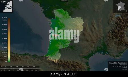 Nouvelle-Aquitaine, Region Frankreich. Farbige Shader-Daten mit Seen und Flüssen. Form präsentiert gegen seine Landesfläche mit informativen Überlagerungen. 3 Stockfoto