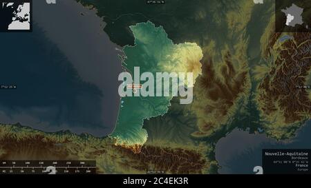 Nouvelle-Aquitaine, Region Frankreich. Farbiges Relief mit Seen und Flüssen. Form präsentiert gegen seine Landesfläche mit informativen Überlagerungen. 3D ren Stockfoto