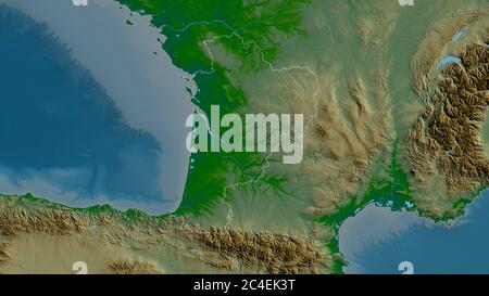 Nouvelle-Aquitaine, Region Frankreich. Farbige Shader-Daten mit Seen und Flüssen. Form, die gegenüber dem Landesgebiet umrissen ist. 3D-Rendering Stockfoto