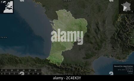 Nouvelle-Aquitaine, Region Frankreich. Satellitenbilder. Form präsentiert gegen seine Landesfläche mit informativen Überlagerungen. 3D-Rendering Stockfoto