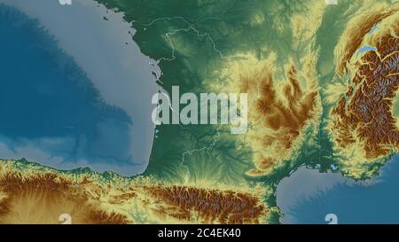 Nouvelle-Aquitaine, Region Frankreich. Farbiges Relief mit Seen und Flüssen. Form, die gegenüber dem Landesgebiet umrissen ist. 3D-Rendering Stockfoto