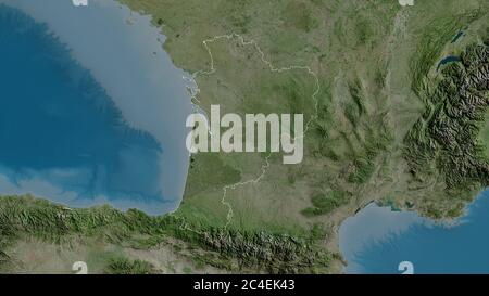 Nouvelle-Aquitaine, Region Frankreich. Satellitenbilder. Form, die gegenüber dem Landesgebiet umrissen ist. 3D-Rendering Stockfoto