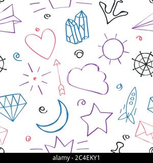 Nahtloses Muster mit Doodles-Elementen. Handgezeichnete Vektorgrafik. Stock Vektor