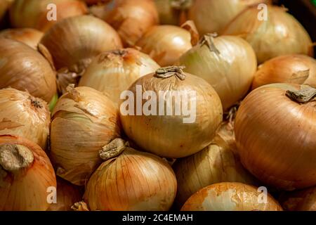 Ein Foto mit Vollformat von Zwiebeln zum Verkauf an einem Marktstand Stockfoto