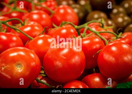 Leuchtend rote Tomaten auf einem Bauernmarktstand Stockfoto