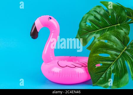 Pinkfarbener aufblasbarer Flamingo auf blauem Hintergrund mit Monstera-Blättern. Sommerkonzept Urlaub. Hintergrund für den Verkauf. Stockfoto