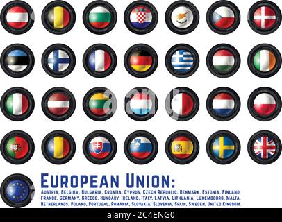 Set mit Kameraobjektiv mit Europischen Union Flaggen. Vektorgrafik. Stock Vektor