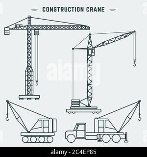 Linienkonstruktion Kran. Turmdrehkran und LKW-Kran. Vektorgrafik Stock Vektor
