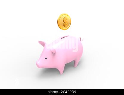 3D Renderbild von Sparschwein mit Gold Dollar Münze Stockfoto