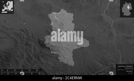 Sachsen-Anhalt, Bundesland Deutschland. Graustufen-Karte mit Seen und Flüssen. Form präsentiert gegen seine Landesfläche mit informativen Überlagerungen. 3D-Renderi Stockfoto