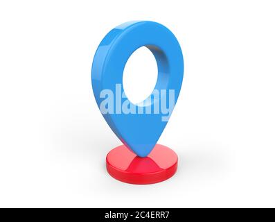 3D-Rendering des GPS-Symbols in blauer Farbe auf einem roten Zylinder Stockfoto