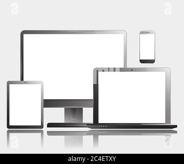 Smartphone Computer Monitor Tablet Laptop Set. Realistische Vektordarstellung. Stock Vektor